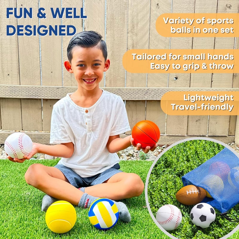 EH.DT Set Of 6 Mini Sports Foam Balls for Kids, Toddler Ball Toys, Foam Football, Toddler Football, Indoor Baby Soccer, Kids Mini Basketball, Soft Baseball, Volleyball, Small Playground Balls, Baby Ball Toy - Image 2